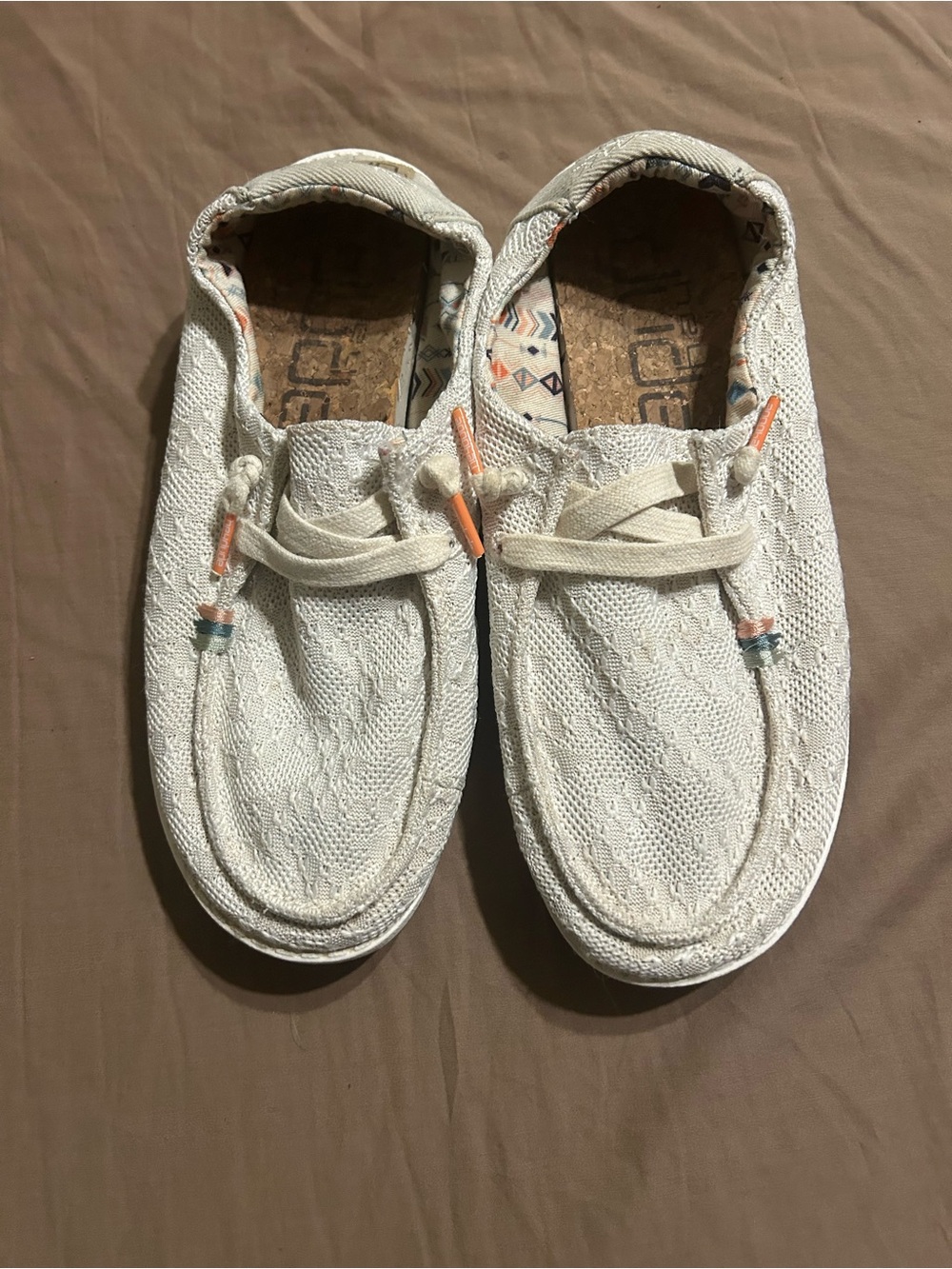 Hey Dude Boho White Crochet Shoes with Coral and Teal Accents